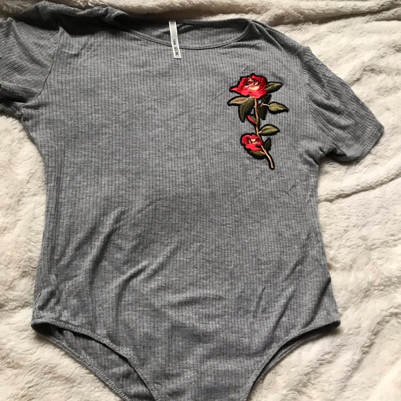 Grey Bodysuit with Red Embroidered Rose - Picture 3 of 3
